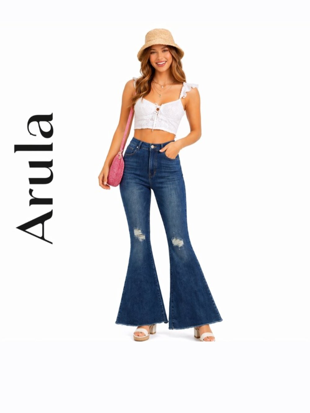 Arula Jeans Womens 14 High Rise Flare Bell Bottom Distressed Stretch Denim NWT